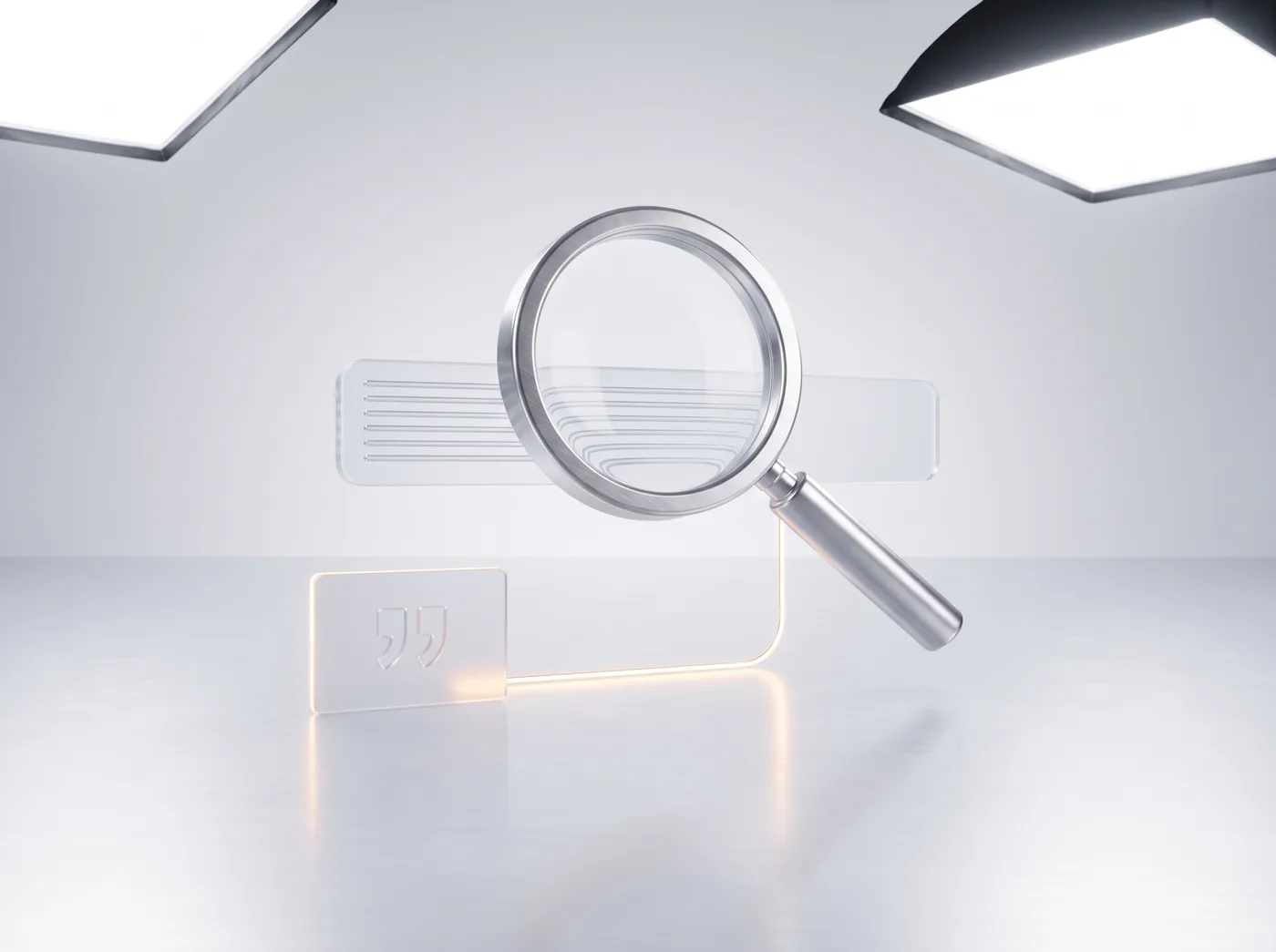 Lupe aus Aluminium über einer gläsernen Suchleiste, darunter eine leuchtende Zitatkarte