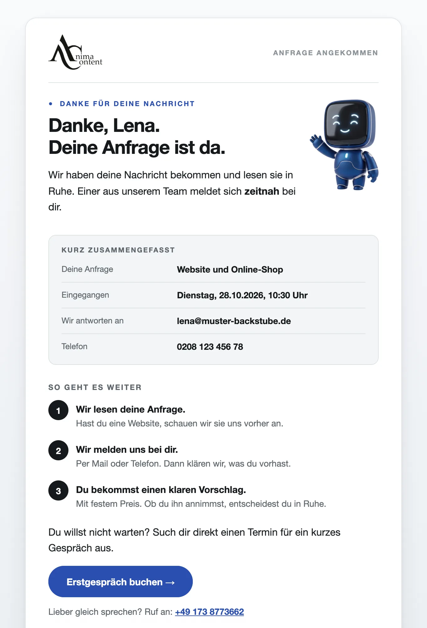 HTML-Mail im Posteingang: Bestätigung mit Logo, Zusammenfassung und Knopf
