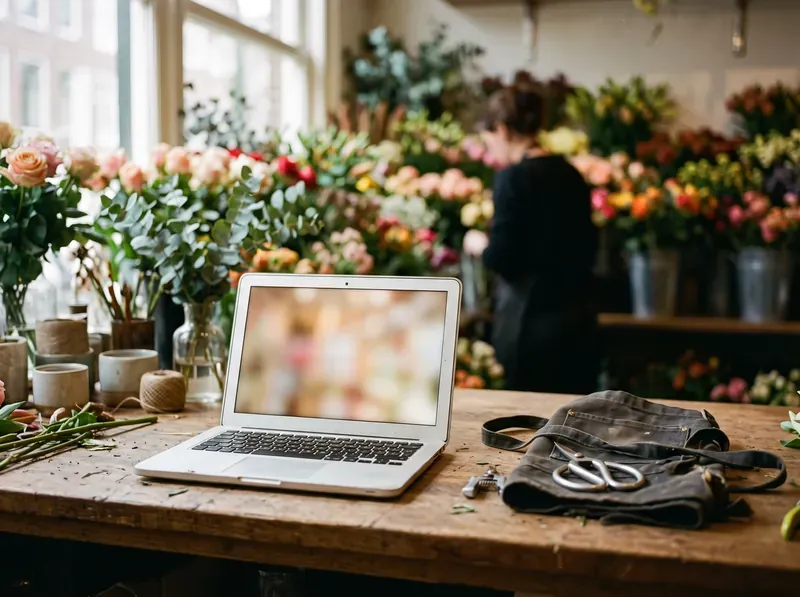 Ein aufgeklappter Laptop steht auf der Holztheke eines Blumenladens, daneben eine Schürze und eine Schere.