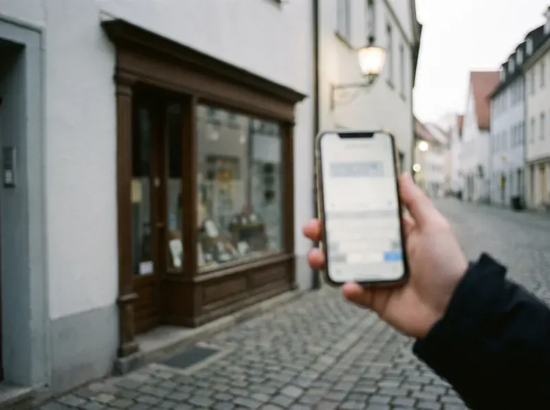 Eine Hand hält ein Handy vor dem Schaufenster eines kleinen Ladens in einer Altstadtstraße.