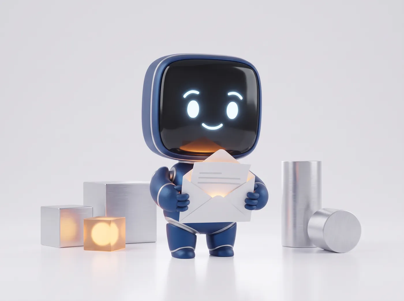 Der blaue Roboter von AnimaContent hält einen geöffneten Briefumschlag, aus dem warmes Licht scheint