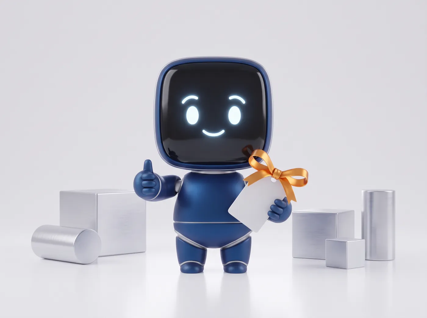 Der blaue Roboter von AnimaContent zeigt den Daumen nach oben und hält einen Geschenkanhänger mit bernsteinfarbener Schleife