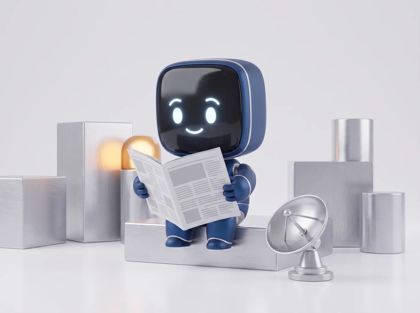 Der blaue Roboter von AnimaContent sitzt auf einem Aluminiumblock und liest eine große Zeitung, daneben eine kleine Satellitenschüssel