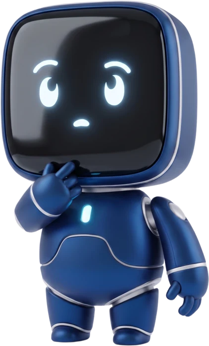Der blaue Roboter von AnimaContent denkt nach