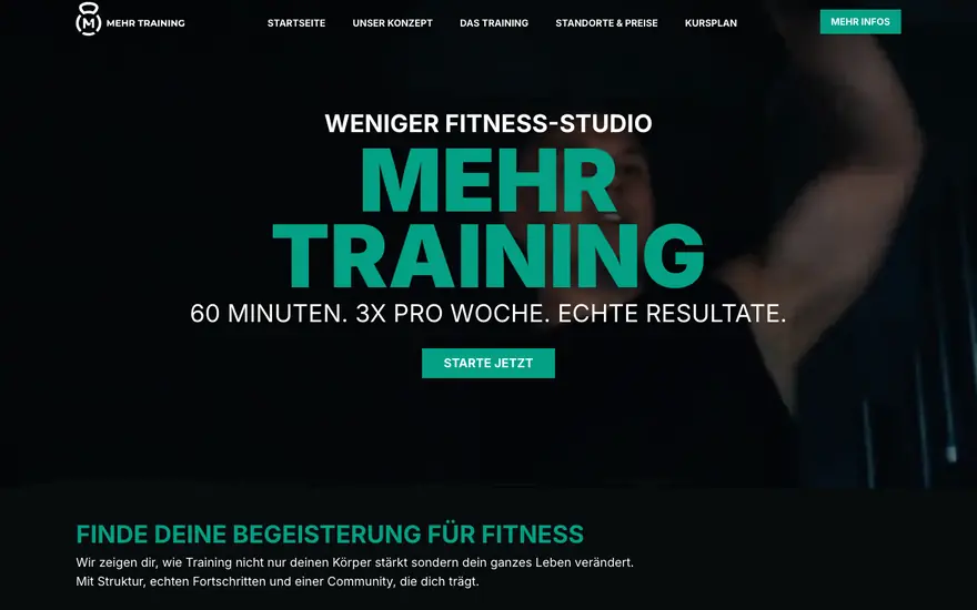 Startseite von MEHR Training, aufgenommen am 23.08.2026