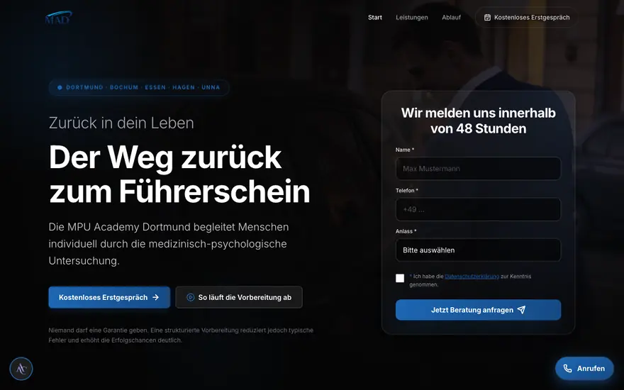 Startseite von MPU-Academy, aufgenommen am 23.08.2026